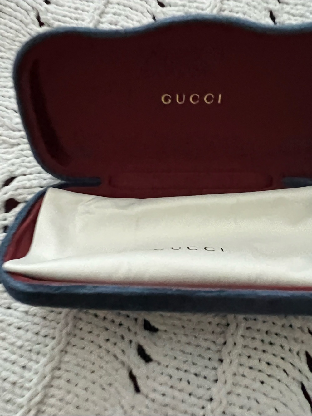 Gucci Glasses Case in Blue Exterior with Burgundy Interior and Gold Logo